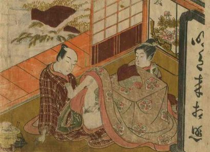Koryusai (actif dans les années 1760 - 1780) Chuban yoko-e, amants dans une chambre,...
