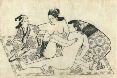 Moroshige (actif vers 1684 - 1695) Sumizuri-e, oban yoko-e, couple d'amants assis...