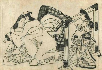 Moroshige (actif vers 1684 - 1695) Sumizuri-e, oban yoko-e, couple s'étreignant épié...