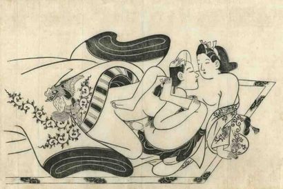 Moroshige (actif vers 1684 - 1695) Sumizuri-e, oban yoko-e, amants en phase d'étreinte....