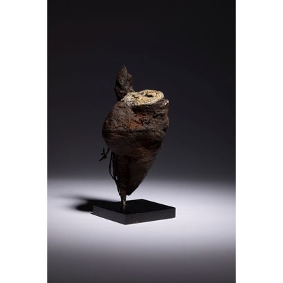 null A voodoo statuette, bocio carved of a figure in a stake to which are tied on...