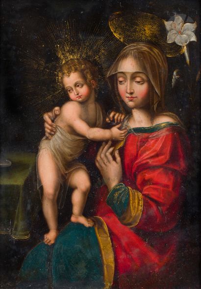 École LOMBARDE vers 1630
Vierge à l’Enfant
Cuivre
33...