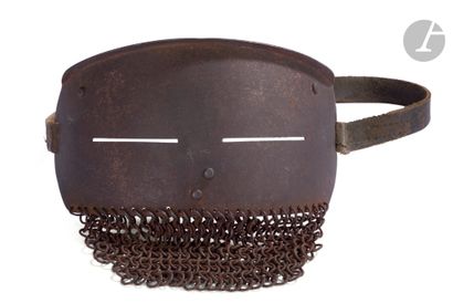 Protective mask. 
Iron, with mesh ribs. 
Leather...