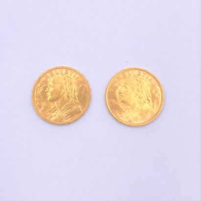 2 pièces de 20 Francs Suisse en or. Type...