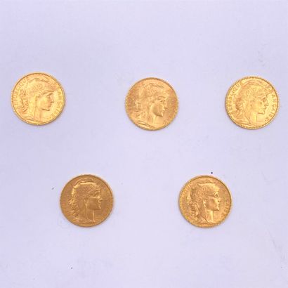 5 pièces de 20 Francs en or. Type Coq. 1904...