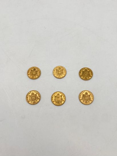 6 pièces de 20 Francs en or. Type Napoléon...