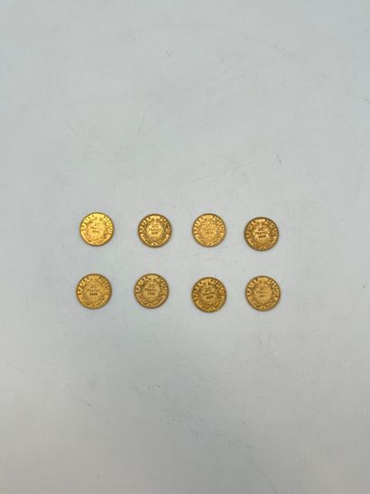 8 pièces de 20 Francs en or Type Napoléon...