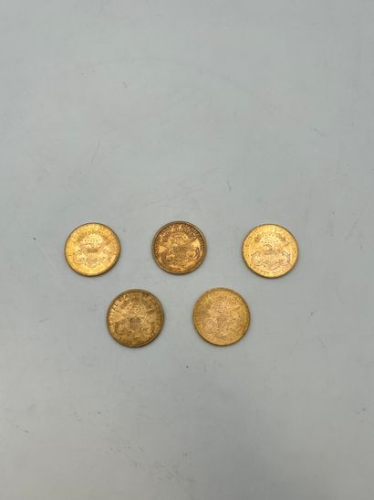 5 pièces de 20 Dollars en or. Type Liberty....
