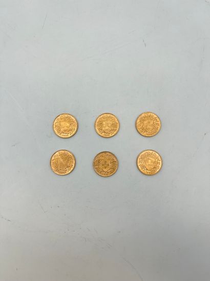 6 pièces de 20 Francs suisse, en or. 1935

Frais...