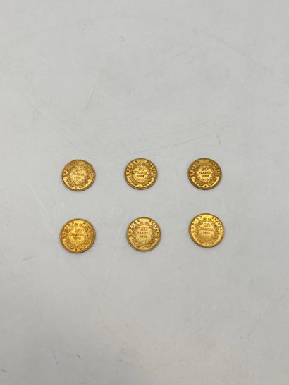 6 pièces de 20 Francs en or. Type Napoléon...