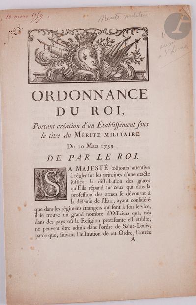 FRANCE 
INSTITUTION DU MÉRITE MILITAIRE (1759)
Ordonnance...