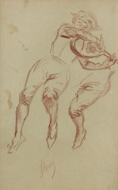 Jules CHÉRET (1836 - 1932) La Joueuse de mandoline. Dessin au crayon Conté. Signé...