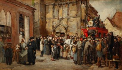 Denis - Pierre BERGERET (1846 - 1910) La Diligence rouge aux saltimbanques. Huile...