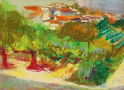Farid AOUAD [libanais] (1924 - 1982) Paysage de Provence. Pastel sur papier velours....