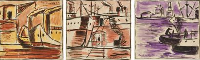 Gonzalo FONSECA [uruguayen] (1922 - 1997) Bateaux au port. Ensemble de 3 dessins...