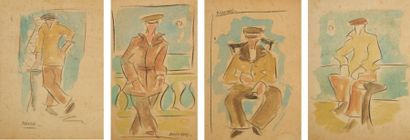 Rafael BARRADAS [uruguayen] (1890 - 1929) Marins. Ensemble de 4 aquarelles sur traits...