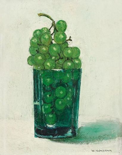 Tsutamu YOSHIKAWA [japonais] (XXe siècle) Raisins dans un verre, 1966. Huile sur...