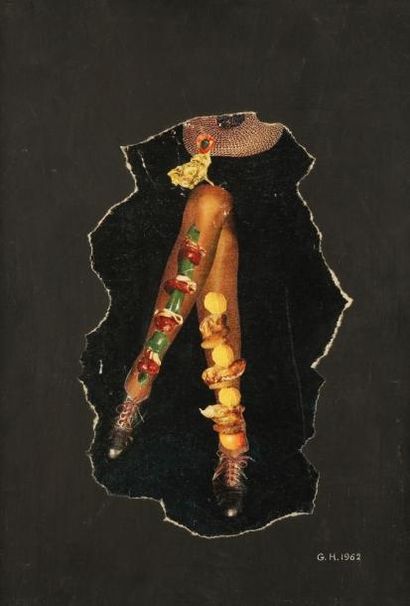 Georges HUGNET (1904 - 1974) Paire de jambes féminines, 1962. Collage sur panneau....