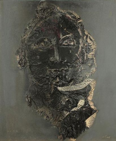 Ladislas KIJNO. (né en 1921) Portrait de Max Pol. Technique mixte et tissu froissé...