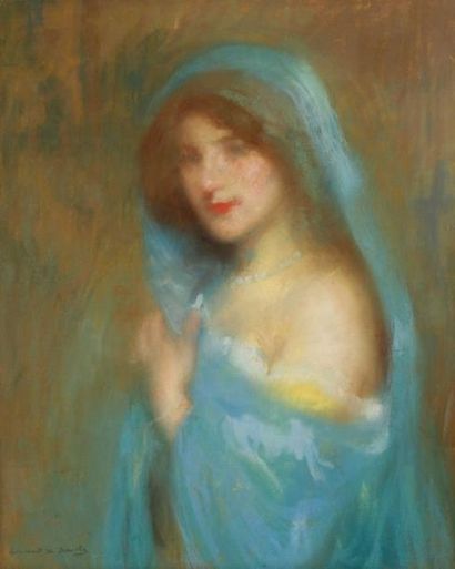 Lucien - Victor GUIRAND de SCEVOLA (1871 - 1950) Jeune femme au voile bleu. Pastel....