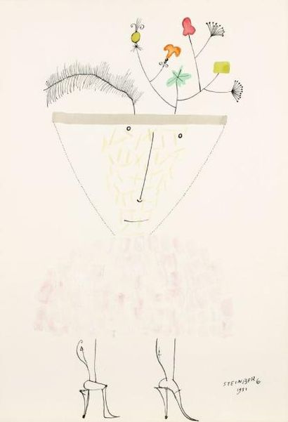 Saül STEINBERG [américain] (1914 - 1999) Femme au chapeau, 1951. Huile, encre et...