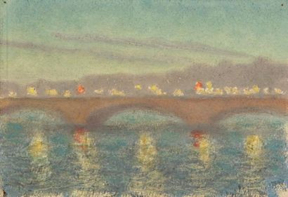 Charles LACOSTE (1870 - 1959) Le Pont la nuit, Paris, 1922. Gouache. Signée et datée...