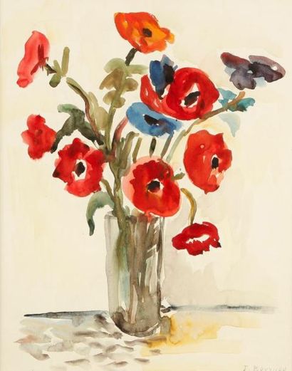 Jacques BOUYSSOU (1926 - 1997) Bouquet de fleurs dans un vase. Aquarelle. Signée...