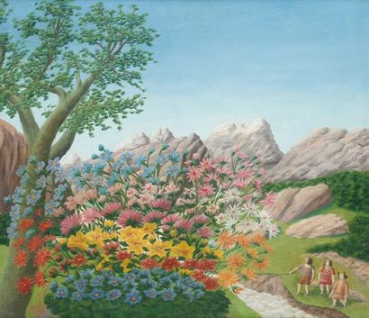 André BAUCHANT (1873 - 1958) Massif de fleurs en montagne, 1953. Huile sur toile....