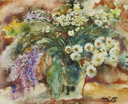 Tamara AKSIS Vase de fleurs. Aquarelle.Signée en bas à droite.. 55 x 65 cm