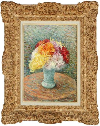 Henri Baptiste LEBASQUE (Champigné 1865 - Cannet 1937) Vase de dahlias Sur sa toile...
