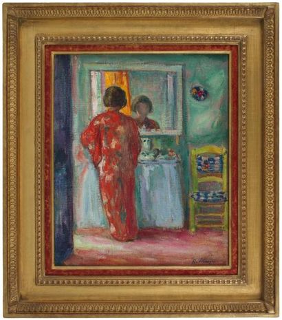 Henri LEBASQUE (1865-1937) Femme en kimono devant son miroir Huile sur toile. Signée...