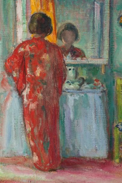 Henri LEBASQUE (1865-1937) Femme en kimono devant son miroir Huile sur toile. Signée...