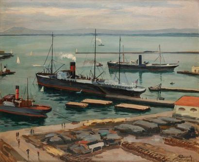 Maurice BOUVIOLLE (1893-1971) Le Port d'Alger par temps de pluie, 1930 Huile sur...