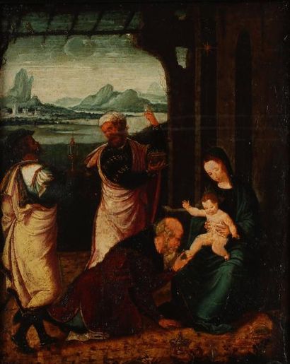 ECOLE FLAMANDE vers 1540 L'Adoration des mages Toile marouflée sur panneau. 36 x...