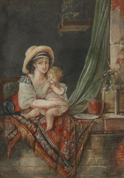 Jean-Baptiste MALLET (Grasse 1759 - Paris 1835) Portrait d'une jeune mère et de son...