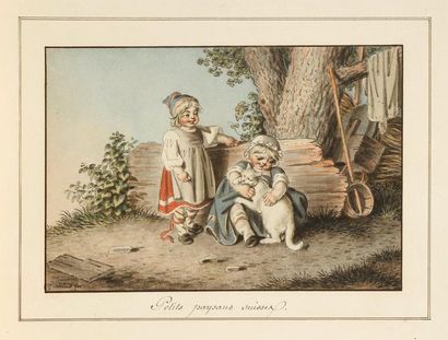 Gottfried MIND (Berne 1768 - 1814) Deux enfants jouant avec un chat Plume et encre...