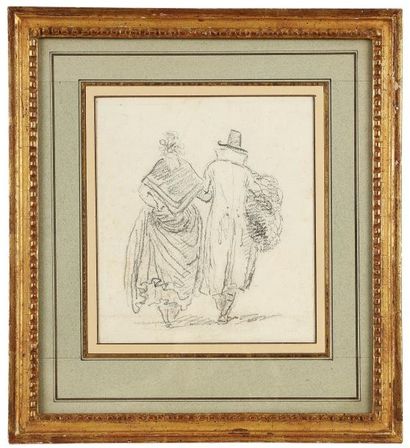 Attribué à Hubert Robert (1733 - 1808) Couple de promeneurs de dos Pierre noire....