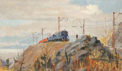 Vladimir Petrovitch TOMILOVSKY (1901-1990) Train sur la pente Huile sur carton. 27...