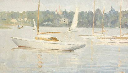 Vladimir Petrovitch TOMILOVSKY (1901-1990) Yachts sur Daougave, 1954 Huile sur carton....