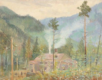 Vladimir Petrovitch TOMILOVSKY (1901-1990) Maison au pied des montagnes Huile sur...