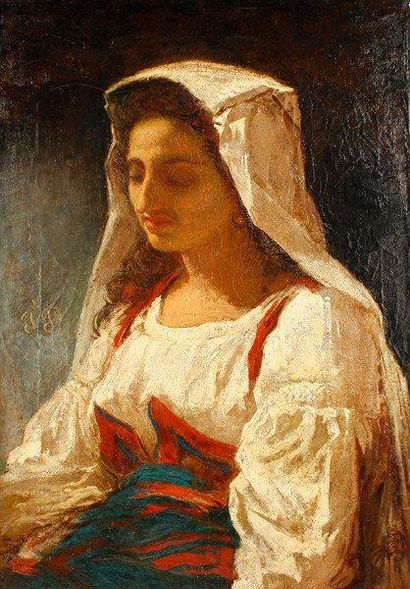 Ecole du milieu du XIXe siècle Ce tableau représente une jeune femme en buste vue...