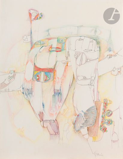  Gina PELLON cubaine 
(1926-2014)
Composition, 1969
Encre et crayons de couleur.
Signée... Gazette Drouot