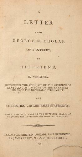 null [AMERICANA ] NICHOLAS (George). A letter from George Nicholas, of Kentucky,...