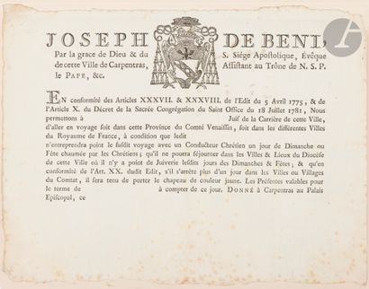  CARPENTRAS
Permis de voyager donné à Carpentras par Joseph de Beni, évêque de la... Gazette Drouot