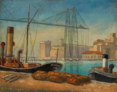 BURFARD Marseille, le port. Huile sur toile, signée en bas à gauche. 42 x 53 cm....