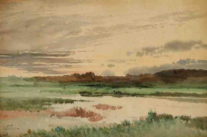 Auguste ALLONGÉ (18331898) Paysage à la mare. Aquarelle signée, porte le timbre de...