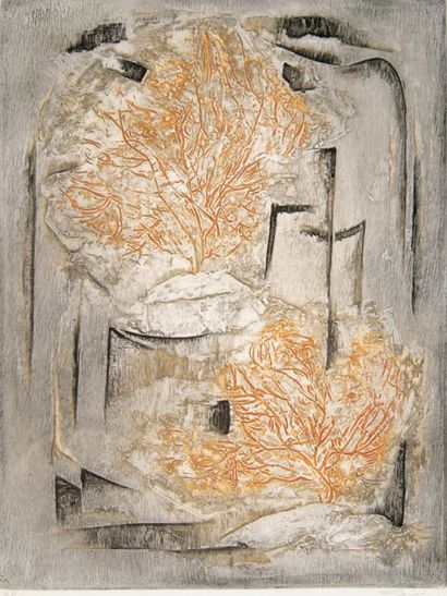 Marcel FIORINI (né en 1922) [Composition]. Eau-forte et aquatinte. 405 x 540. Impression...