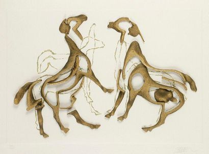 ARMAN (1928 - 2005) Chevaux affrontés Coulure de métal bronzé collé sur lithographie...