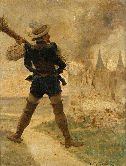 Jules GARNIER (1847 - 1889) Personnage devant un fort en flammes Huile sur toile....