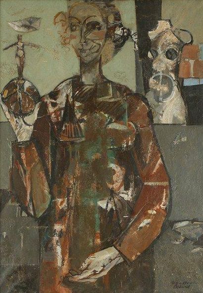 Jean - Claude BEDARD (1928 - 1987) Femme à la statuette Huile sur toile. Signée en...